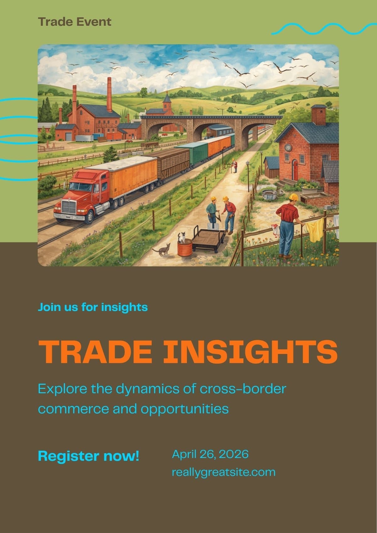 North American trade border crossing with cargo trucks and factories — Josef Lada folk art illustration style