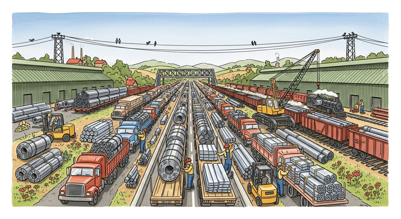 A busy USA-Mexico border crossing with trucks carrying steel and aluminum — Czech folk art watercolor illustration